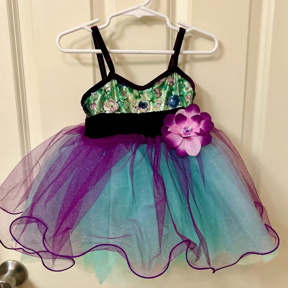 Girls Curtain Call Tiny Dancer Teal and Purple Sequin Dance Costume Size CXS